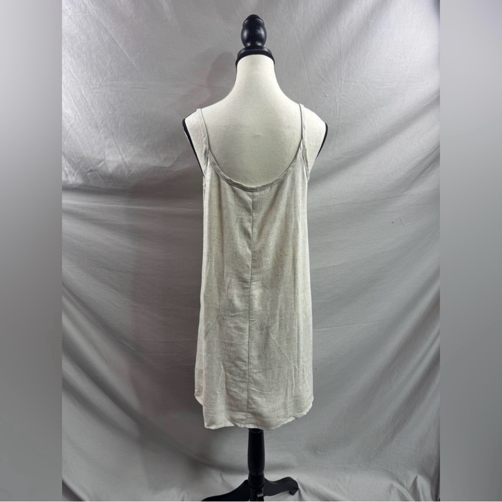 Oatmeal Linen Blend Button Front Mini Dress Spaghetti Strap - Picture 5 of 5